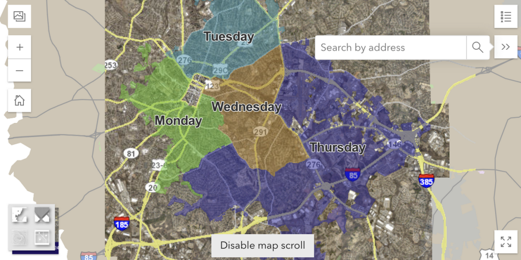 Map of Greenville trash and recycling collection days